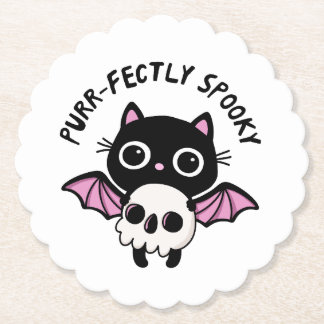 Cute Halloween Bat Cat - Purr-fectly Spooky Pun Paper Coaster