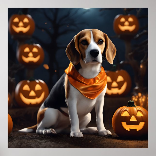 Cute Halloween Beagle Dog Puppy in Costume Pumpkin Poster (Front)
