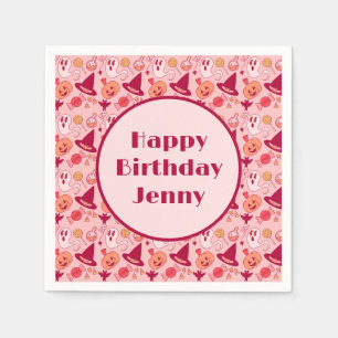 Cute Halloween Birthday Add Girl's Name Pink Napkin