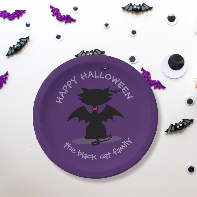 Cute Halloween Black Cat Bat Wings Paper Plates (Purrfect paper plates for your black cat themed Halloween Party. Just add your family name)