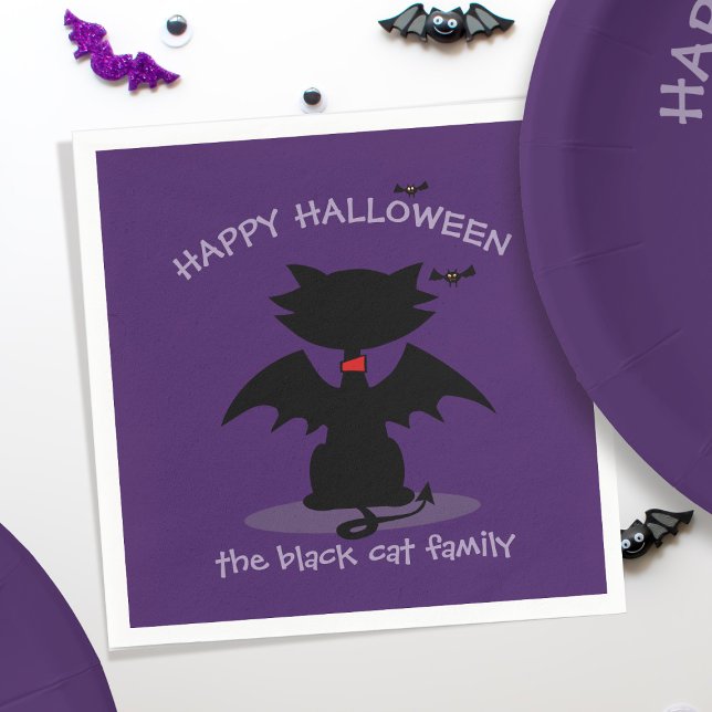Cute Halloween Black Cat Bat Wings Purple Napkins (Purrfect paper napkins for your black cat themed Halloween Party. Just add your family name)