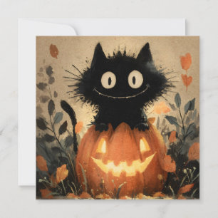 Cute Halloween Black Cat on a Jack-o'-Lantern Holiday Card