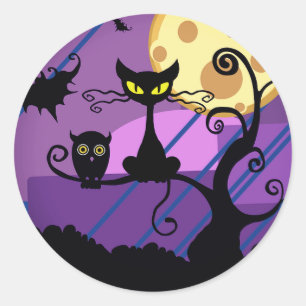 Cute Halloween Black Cat/Owl & Spooky Tree Sticker