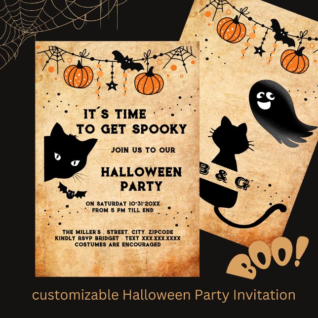 cute halloween black cat party invitation (cute customizable Halloween Party Invitation Hobinishop)