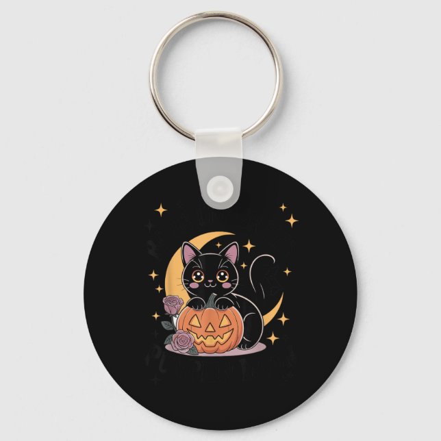 Cute Halloween Black Cat Pastel Goth Witchy Key Ring (Front)