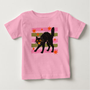 Cute Halloween Black Cat Pink Green Stripes Stars Baby T-Shirt
