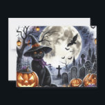 Cute Halloween Black Cat Postcard<br><div class="desc">Hello everyone, this is my new cute postcard design. I hope you love it! This design is perfect for celebrating Halloween. It features lots of fun and spooky details, like jack-o'-lanterns, a black cat, a graveyard, bats, and a full moon. It's fun, cute, and perfect for sending to everyone on...</div>