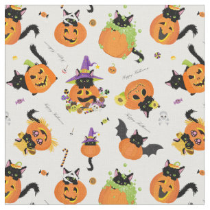 Cute Halloween Black Cat Pumpkin Fabric