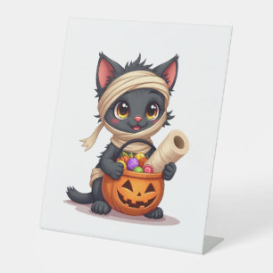 Cute Halloween Black Cat Pumpkin Trick or Treat Gi Pedestal Sign