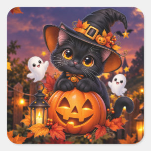 Cute Halloween Black Cat Pumpkin Witch Square Stic Sticker