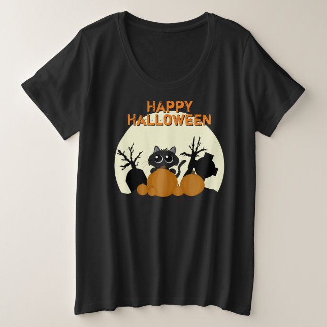 Cute Halloween Black Cat Spooky Plus Size T-Shirt (Design Front)