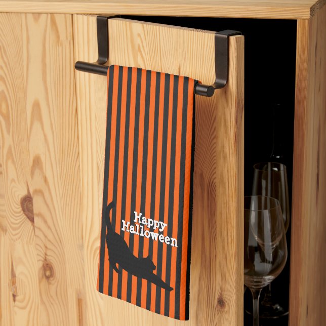 Cute Halloween Black Cat Stretching Orange Stripes Tea Towel (Thirds Fold)