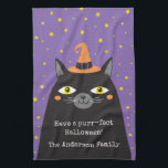 Cute Halloween Black Cat  Tea Towel<br><div class="desc">A cute black Halloween cat with a hat decorates this kitchen towel. Personalise it for Halloween with your family name. Makes a cute gift for a friend for Halloween. Designed for you by Blackberry Boulevard.</div>