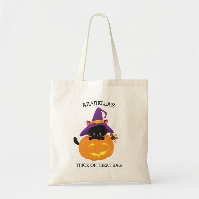 Cute Halloween Black Cat Trick or Treat Tote Bag (Front)