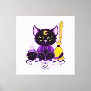 Cute Halloween Black Cat Witch Canvas Print