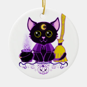 Cute Halloween Black Cat Witch Ceramic Tree Decoration