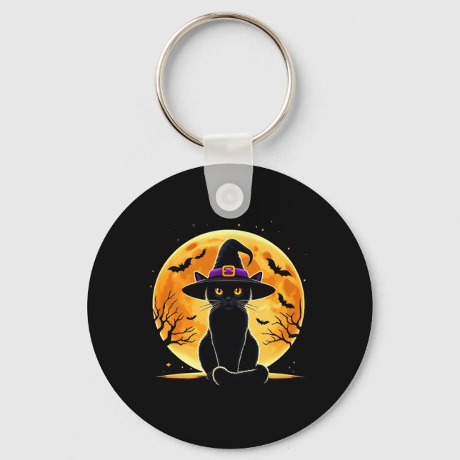 Cute Halloween Black Cat Witch Hat Halloween Key Ring (Front)