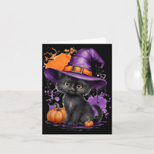 Cute Halloween Black Cat Witch Hat Pumpkin Card