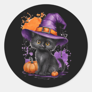 Cute Halloween Black Cat Witch Hat Pumpkin Classic Round Sticker