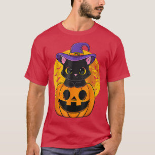 Cute Halloween Black Cat Witch Hat Pumpkin For Gir T-Shirt
