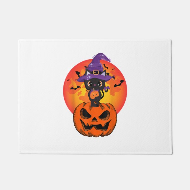 Cute Halloween Black Cat Witch Hat Pumpkin For Kid Doormat (Front)