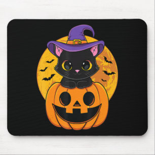 Cute Halloween Black Cat Witch Hat Pumpkin For Kid Mouse Pad