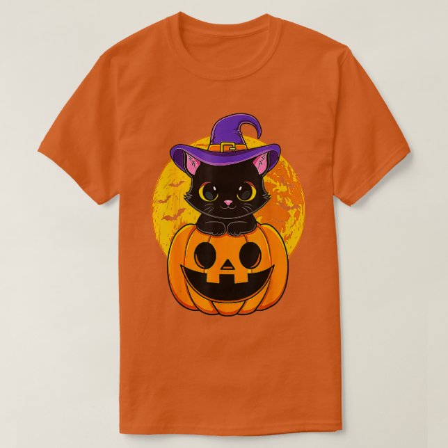 Cute Halloween Black Cat Witch Hat Pumpkin For Kid T-Shirt (Design Front)
