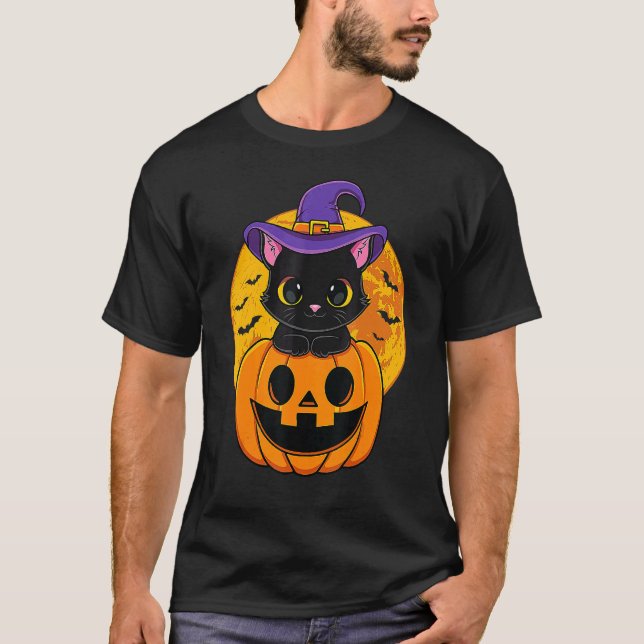 Cute Halloween Black Cat Witch Hat Pumpkin For Kid T-Shirt (Front)