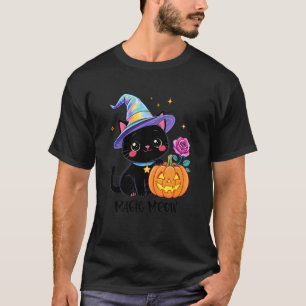 Cute Halloween Black Cat Witch Hat Pumpkin Rose T-Shirt