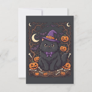 Cute Halloween Black Cat Witch Hat Pumpkins Thank You Card