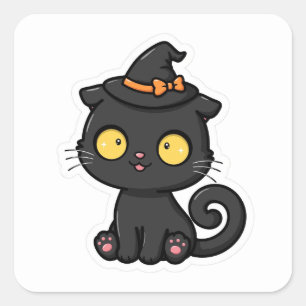 Cute Halloween Black Cat Witch Hat Square Sticker