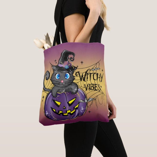 CUTE HALLOWEEN BLACK CAT WITCH PUMPKIN TOTE BAG (Close Up)