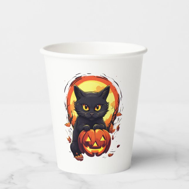 Cute Halloween Black Cat with Pumpkin   Paper Cups (Front)