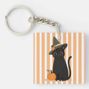 Cute Halloween Black Cat with Witch Hat Pumpkin Key Ring