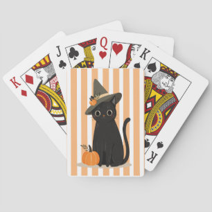 Cute Halloween Black Cat with Witch Hat Pumpkin Playing Cards