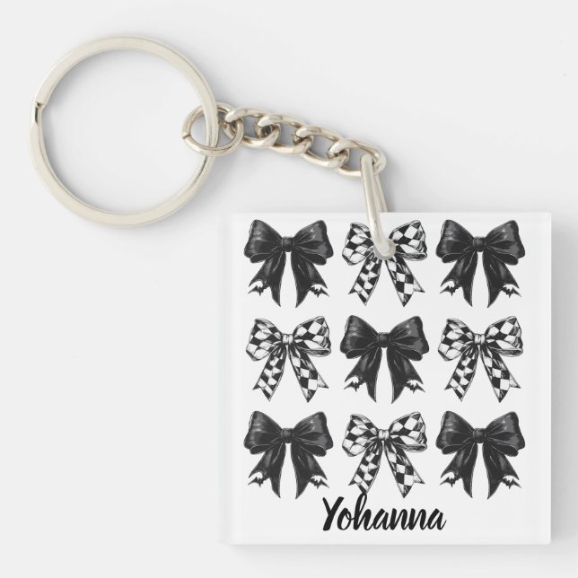 Cute Halloween Black checked bows Coquette Key Ring (Front)