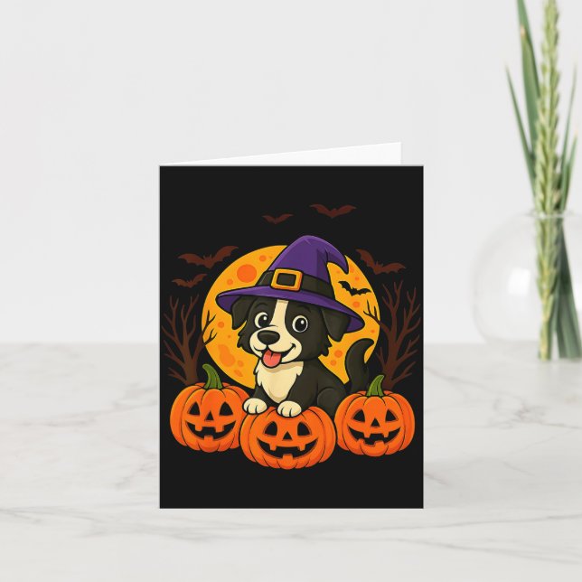Cute Halloween Black Dog With Witch Hat And Card (Front)