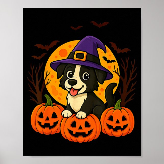 Cute Halloween Black Dog With Witch Hat And Poster (Front)