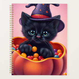 Cute Halloween Black Kitten in Pumpkin Planner