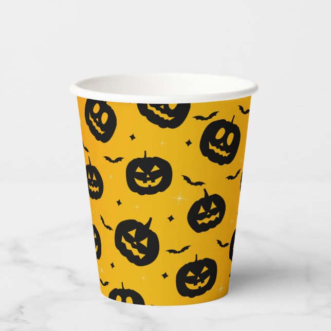 Cute Halloween Black Pumpkins & Bats Pattern Paper Cups (Front)