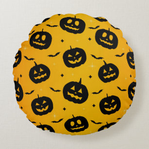 Cute Halloween Black Pumpkins & Bats Pattern Round Cushion