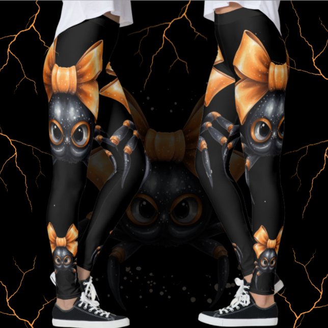 Cute Halloween Black Spider with Orange Bow Leggings (Cute spider with orange bow leggings for you haunted Halloween trick or treating.  Casual costumes. )