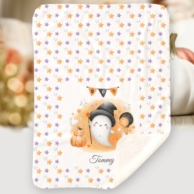 Cute Halloween Boo Ghost Name Orange  Sherpa Blanket (Cute Halloween Boo Ghost Name Orange Sherpa Blanket)