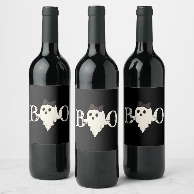 Cute Halloween - "Boo" Ghost with Bow -  Wine Label (Bottles)