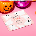 Cute Halloween boo ghosts pink baby shower  Square Paper Coaster<br><div class="desc">Adorable cute peek a boo! Halloween illustrations baby shower party plates,  perfect Halloween baby shower,  with cute illustrations featuring ghosts and boo painted watercolor in pastel pink and grey. You can change all the colours of the illustration and text.</div>