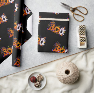 Cute Halloween BOO Pumpkin Ghost Cat Text Pattern Wrapping Paper