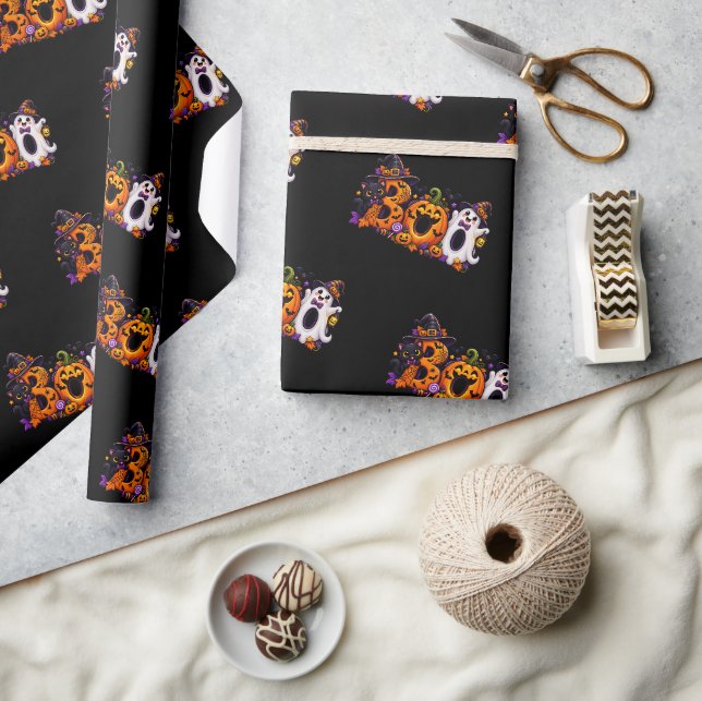 Cute Halloween BOO Pumpkin Ghost Cat Text Pattern Wrapping Paper (Crafts)