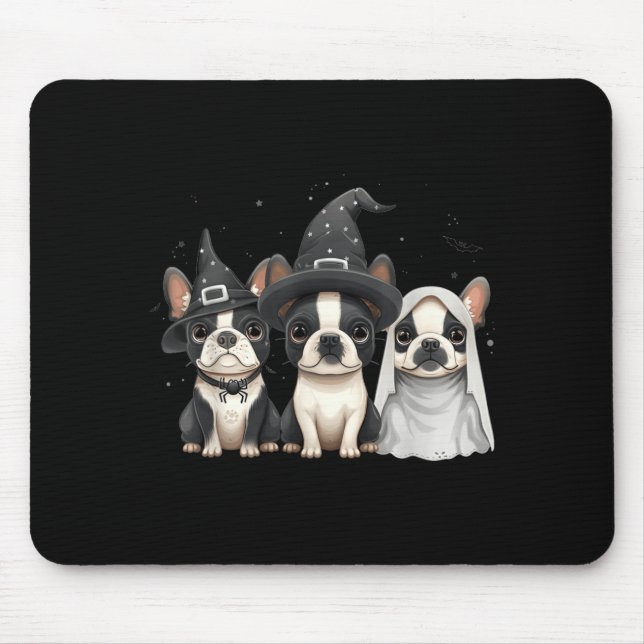 Cute Halloween Boston Terrier Dogs Witch Hat Ghost Mouse Pad (Front)