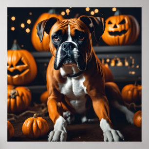 Cute Halloween Boxer Dog w Pumpkins on Oct Night Poster