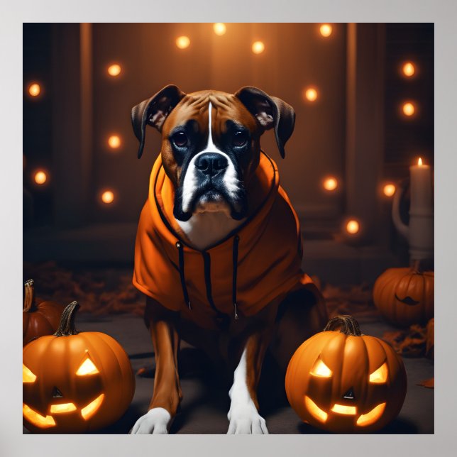 Cute Halloween Boxer Dog with Pumpkins at Night Poster (Front)